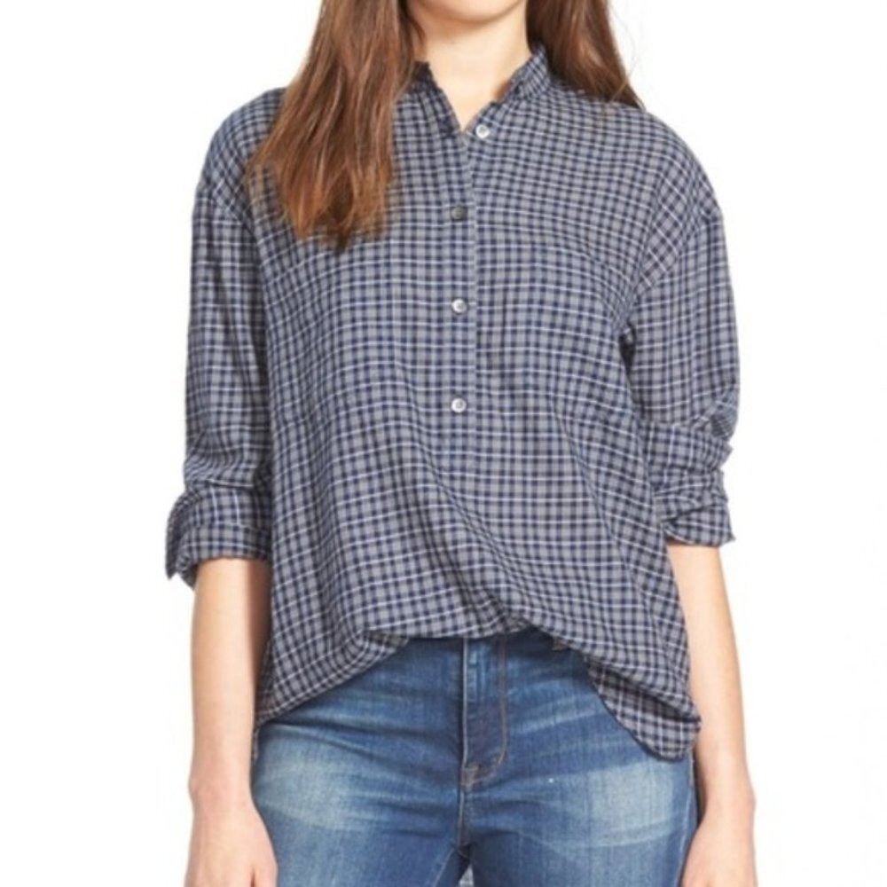 Madewell Abilene Plaid Collarless Popover Top Sz M